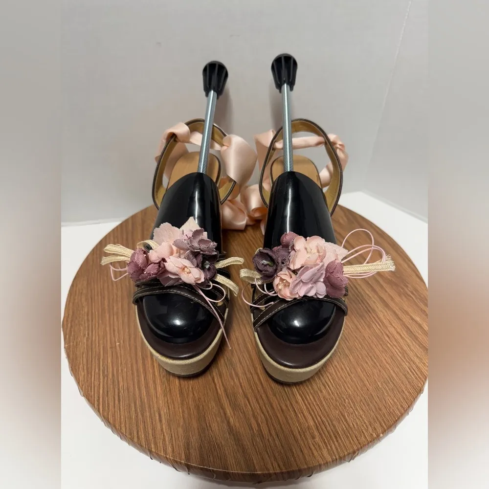 Paolo Bessante Pink Floral Laced Up Ribbon Wedges Limited Edition Size 38 - Image 2