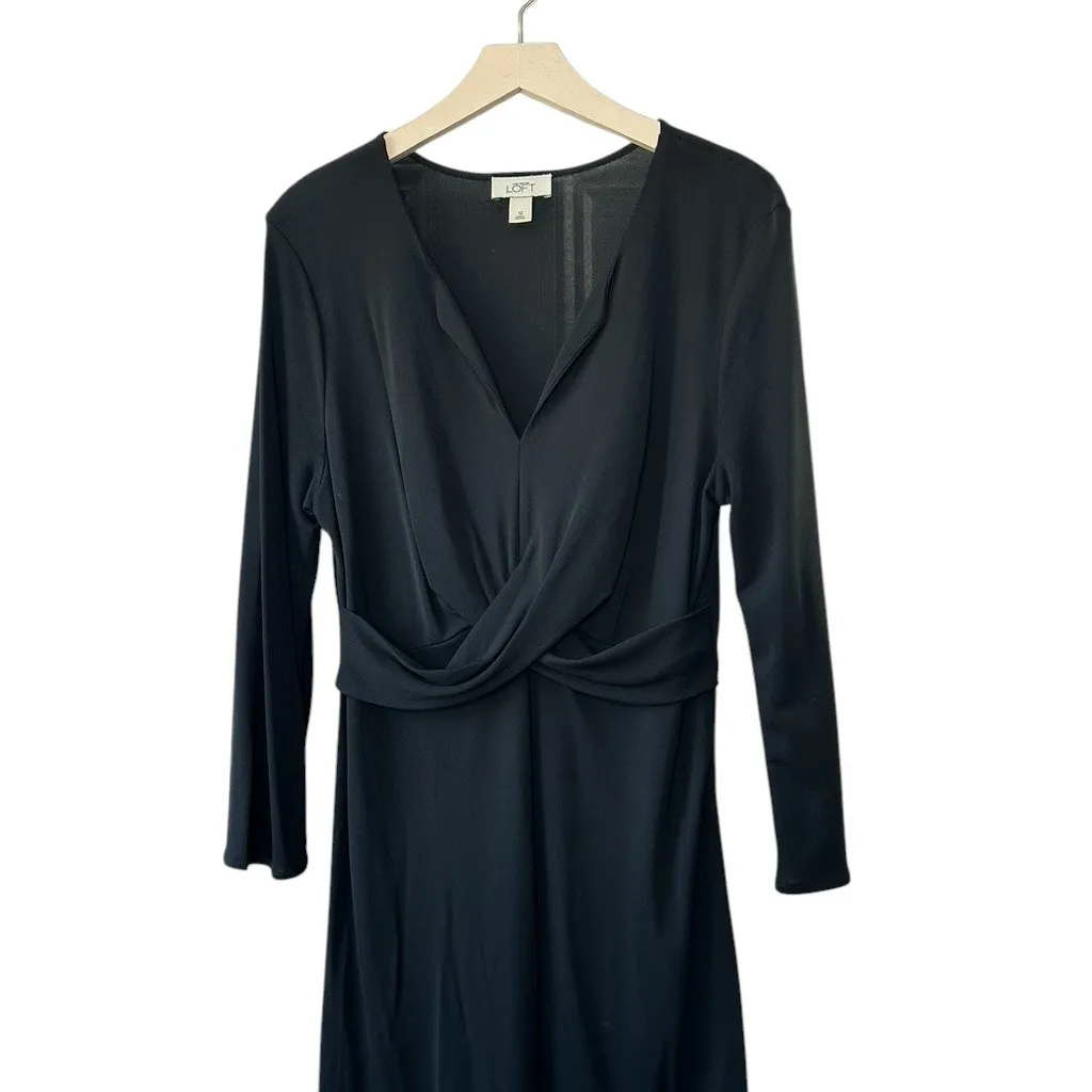 Ann Taylor LOFT Black Long Sleeve V-Neck Criss Cross Waist Midi Dress Women's 12 - Image 2