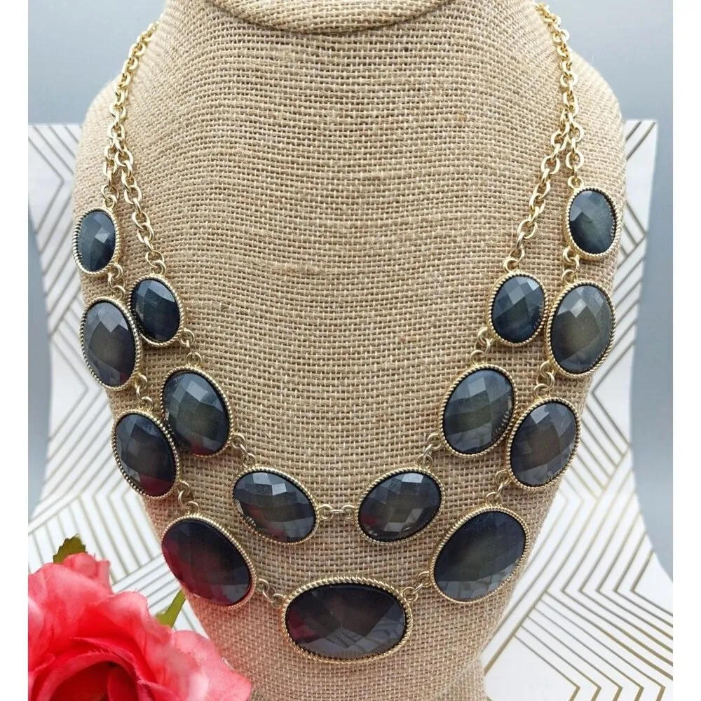NWOT Gold Tone Smokey Gray Statement Collar Double Bib Pendant Necklace 20 Inch - Image 2