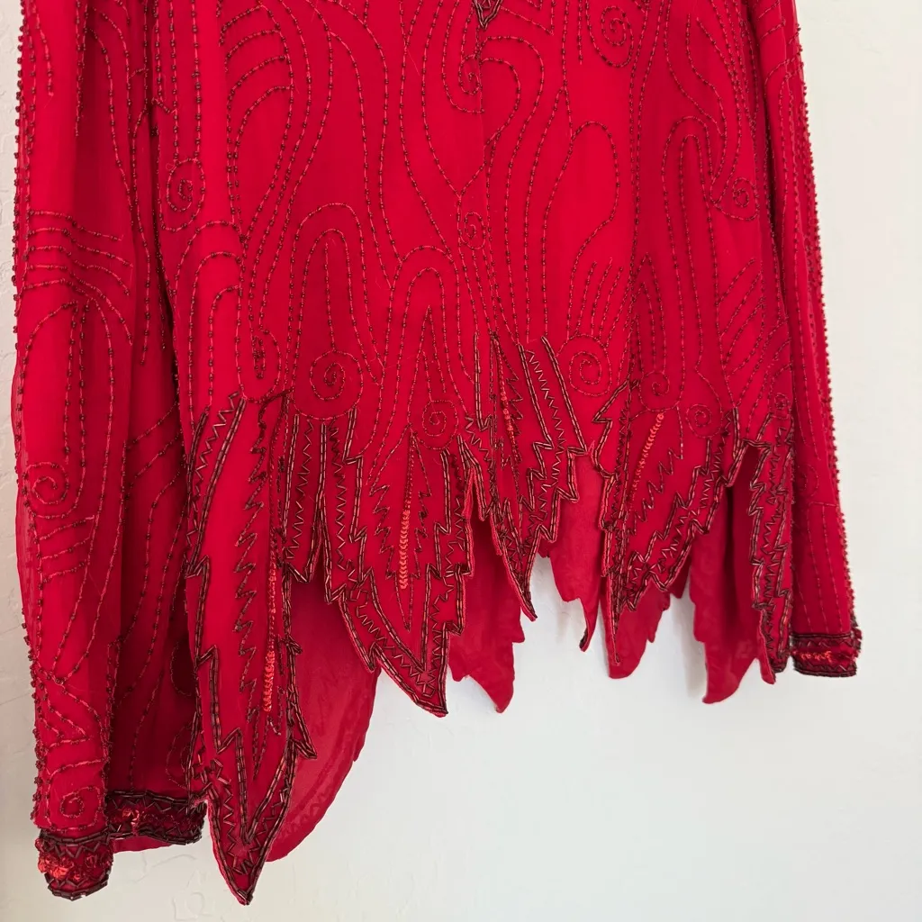 Vintage Laurence Kazar Red 100% Silk Beaded Long Sleeve Blouse Party 80’s Glam - Image 4
