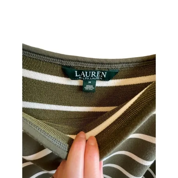 Ralph Lauren Women Medium Cold Shoulder Top Sage‎ Green & White Long Sleeve - Image 4