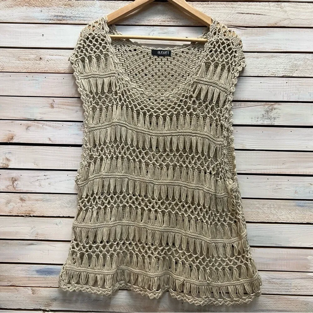 A.N.A Crochet Open Knit Beige Top XL Boho Beach Festival Layering Summer Chic - Image 3