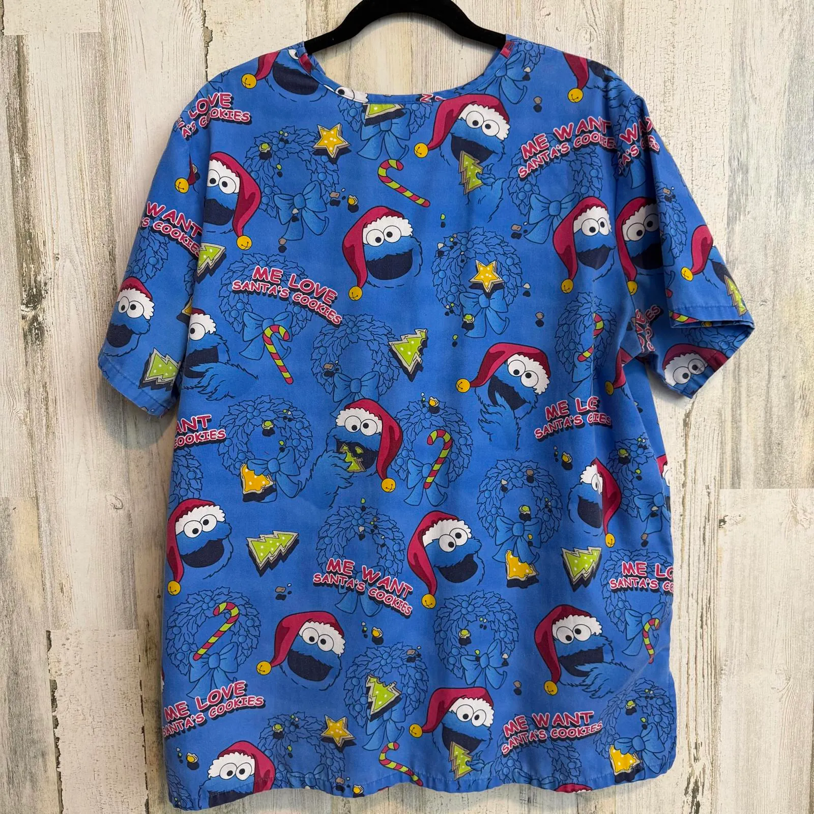 Vintage Large Sesame Street Cookie Monster Christmas Medical Scrub Top Nursing - Image 6