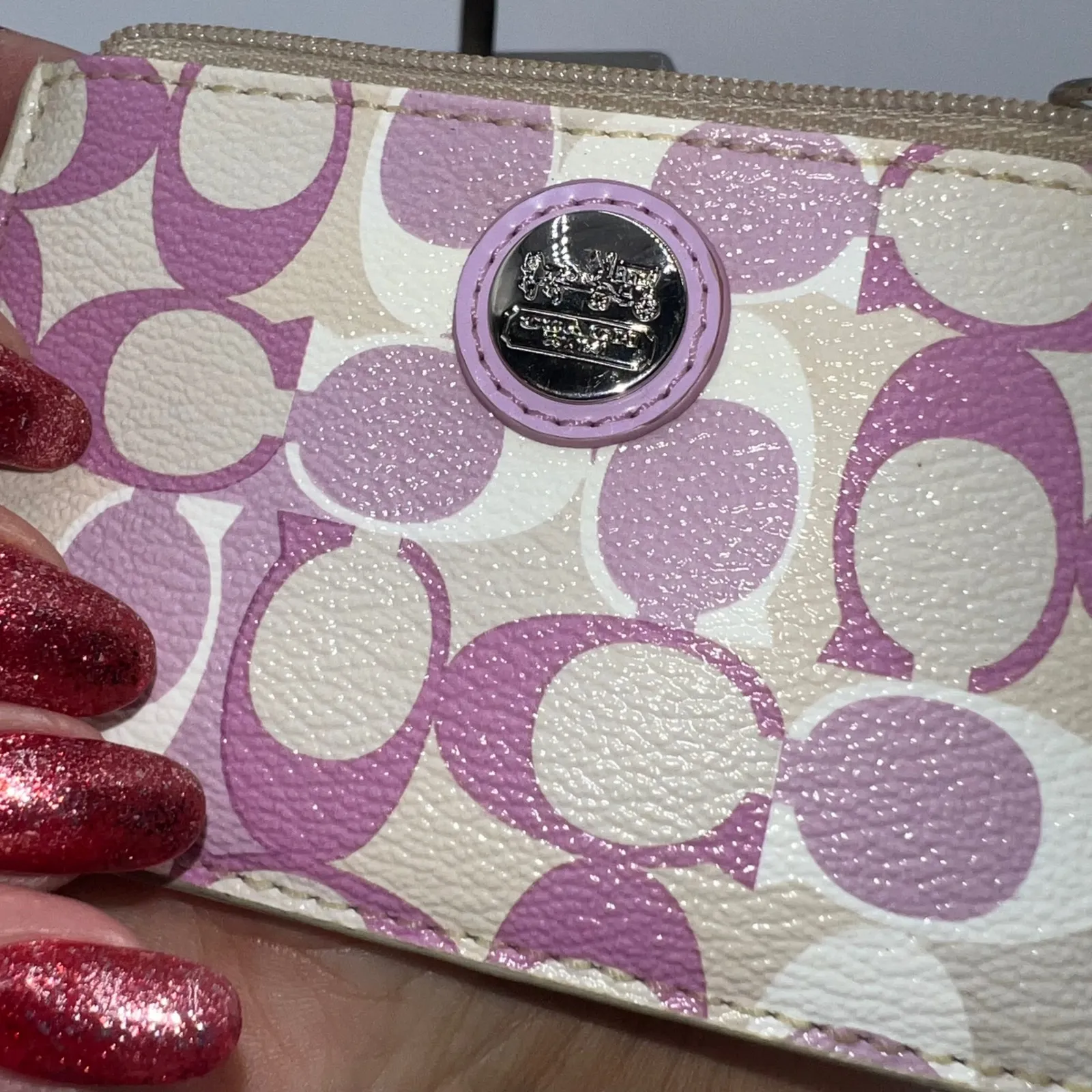 Coach ID Lanyard Card Case Coin Purse Wallet Key Chain Purple Signature - Image 7