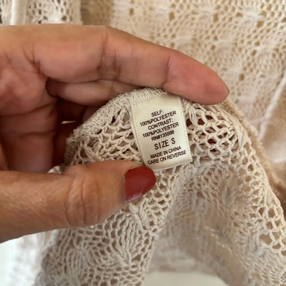 Liberty Love Womans Sz Small Cardigan Sweater Knit Open Front Fringe Trim Beige - Image 7