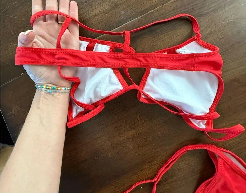 NWOT Red Bikini with Cage Details and Side Tie Bottoms - Image 3