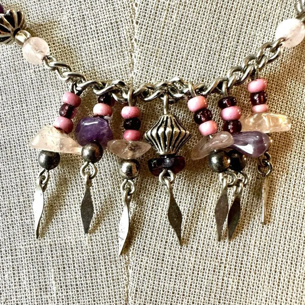 Silver tone rose quartz amethyst chip necklace Pink - Image 3