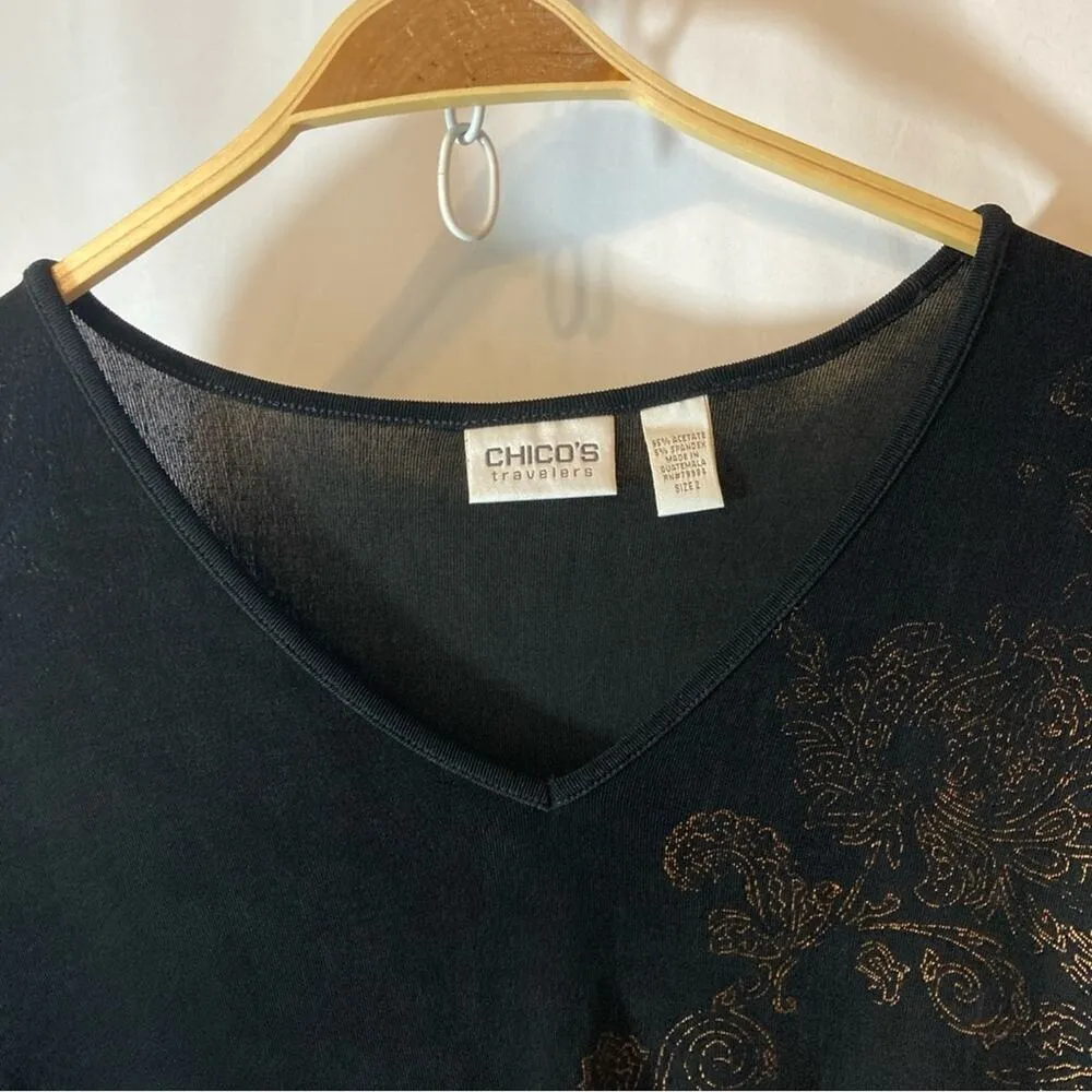Chico’s Travelers Black Holographic Gold Floral Paisley Long Sleeve V-neck Top - Image 5