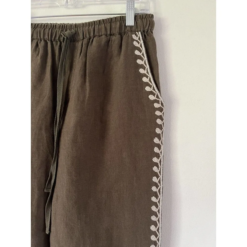 Kyla Seo Floral Embroidered Olive Green Handmade 100% Linen Pull On Pants Sz XS - Image 3