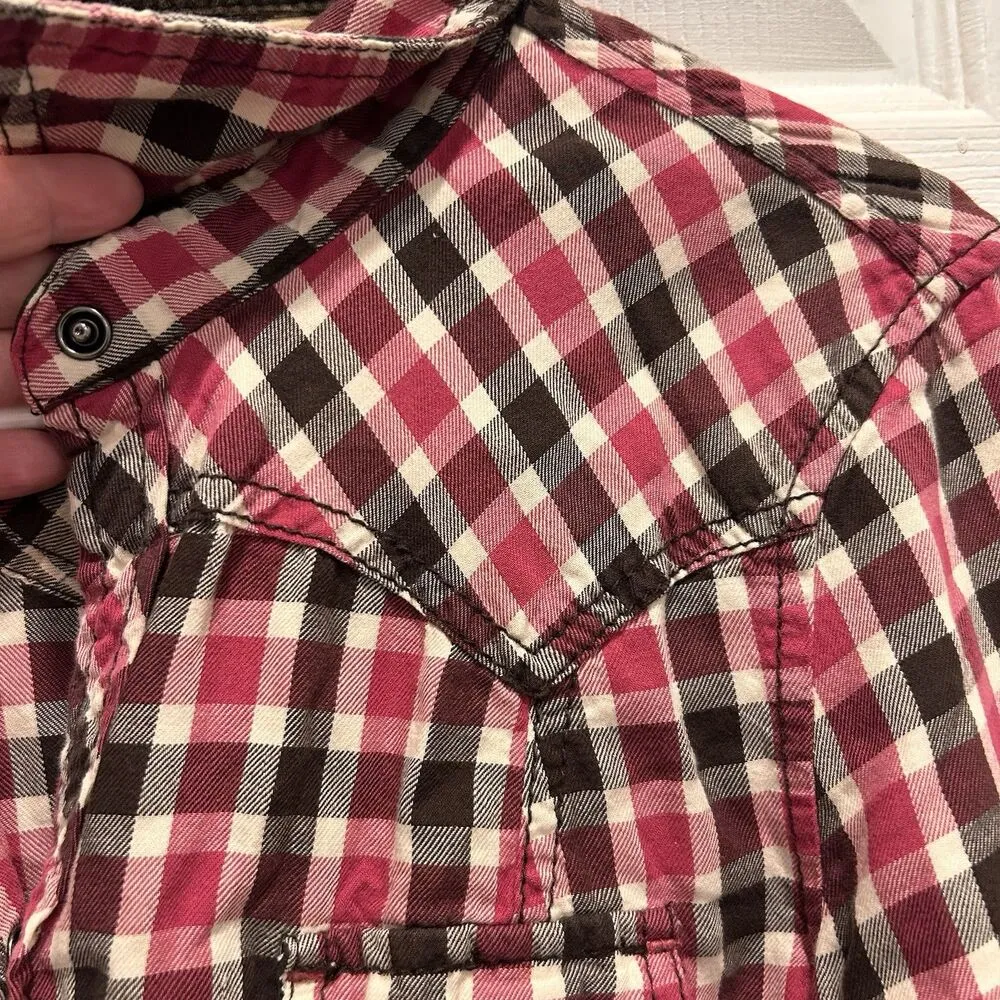 Vtg Old‎ Navy Plaid Shirt Womens Large Red  Brown Western Long Sleeve Pearl Snap - Image 2