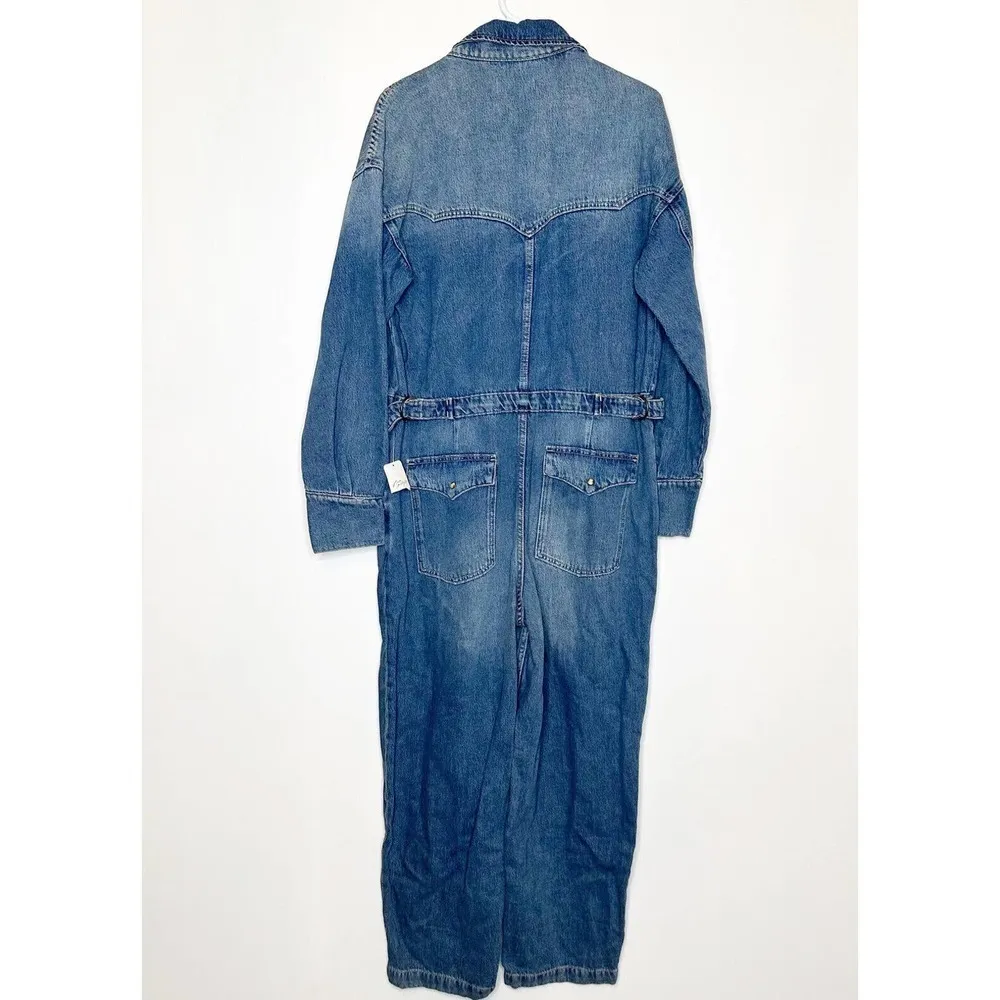 NWT Free People X Cares FP Townes Denim Jumpsuit Coverall High Noon Women's L - Image 3