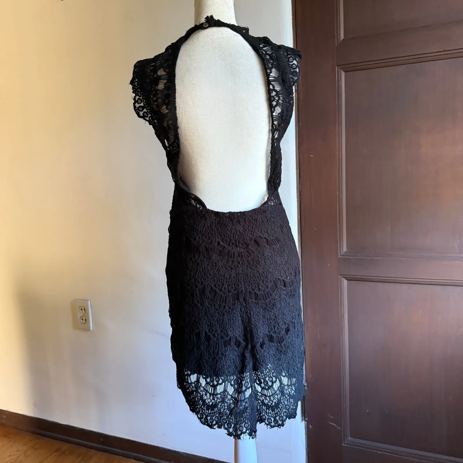 FREE PEOPLE Intimately Daydream Black Lace High Neck Open Back Mini Dress Small - Image 5
