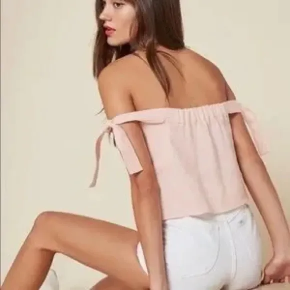 Reformation Blush Pink Amalia Linen Off-Shoulder Crop Top Size XS Minimalist - Image 12