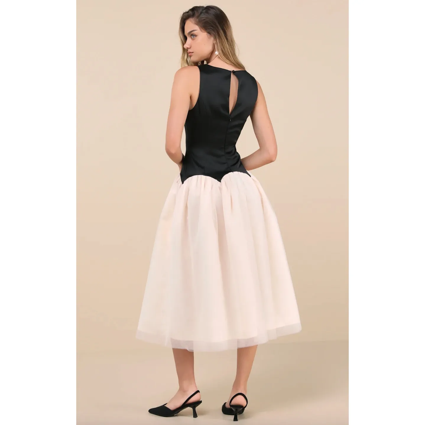 Lulus Contemporary Elegance Black and Cream Satin Tulle Midi Dress Large NWT - Image 2
