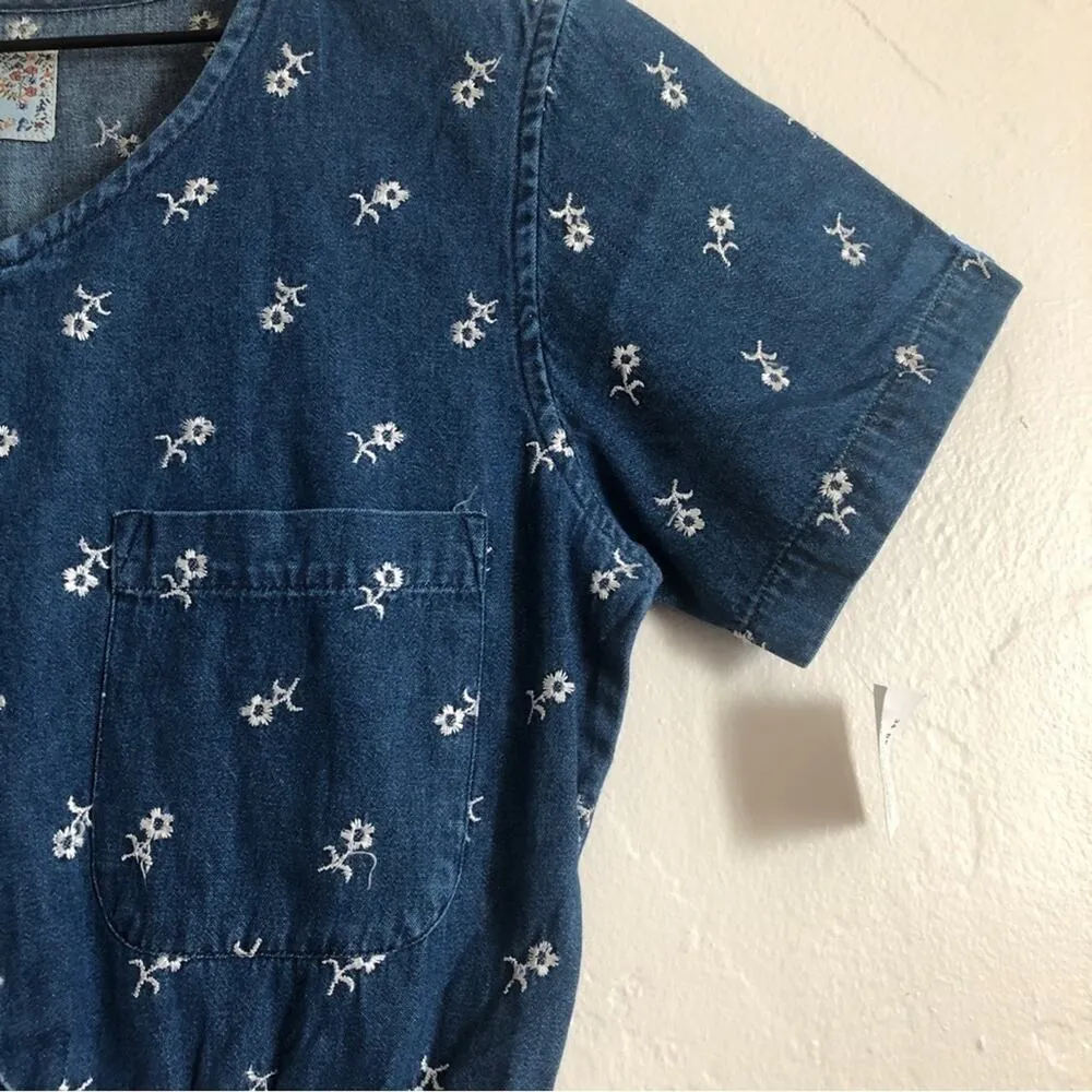 NWT Vintage New Direction Blue Denim Floral Embroidery Jean Jumpsuit Romper - Image 5