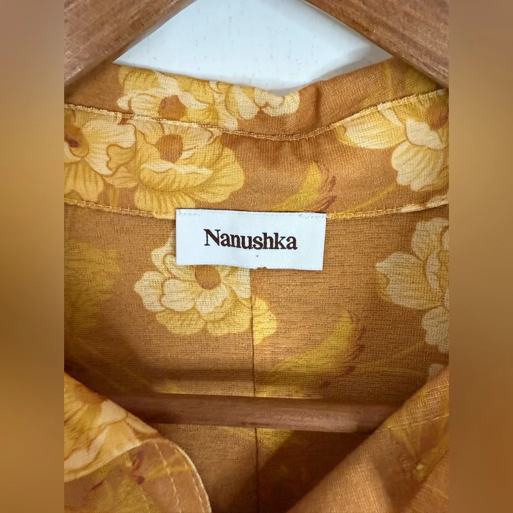 Nanushka, Felda, mustard yellow, floral button down shirt, rouched sides, S Yellow - Image 3
