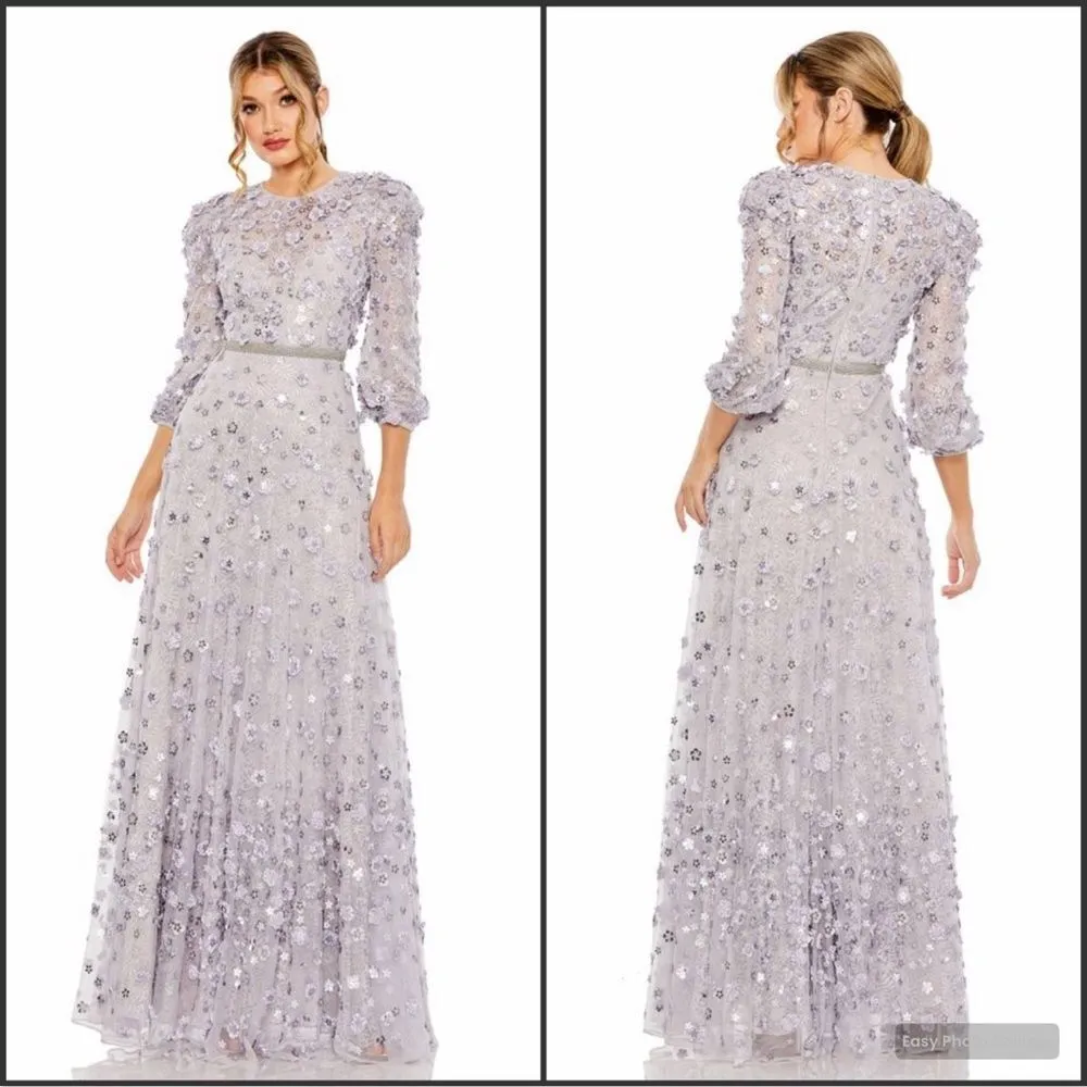 Mac Duggal Purple Floral Applique Puff Sleeve High Neck A - Image 3