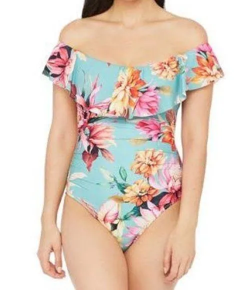 NWT La Blanca Jade Garden Floral Off Shoulder Ruffle One-Piece Swimsuit Size 8 - Image 16