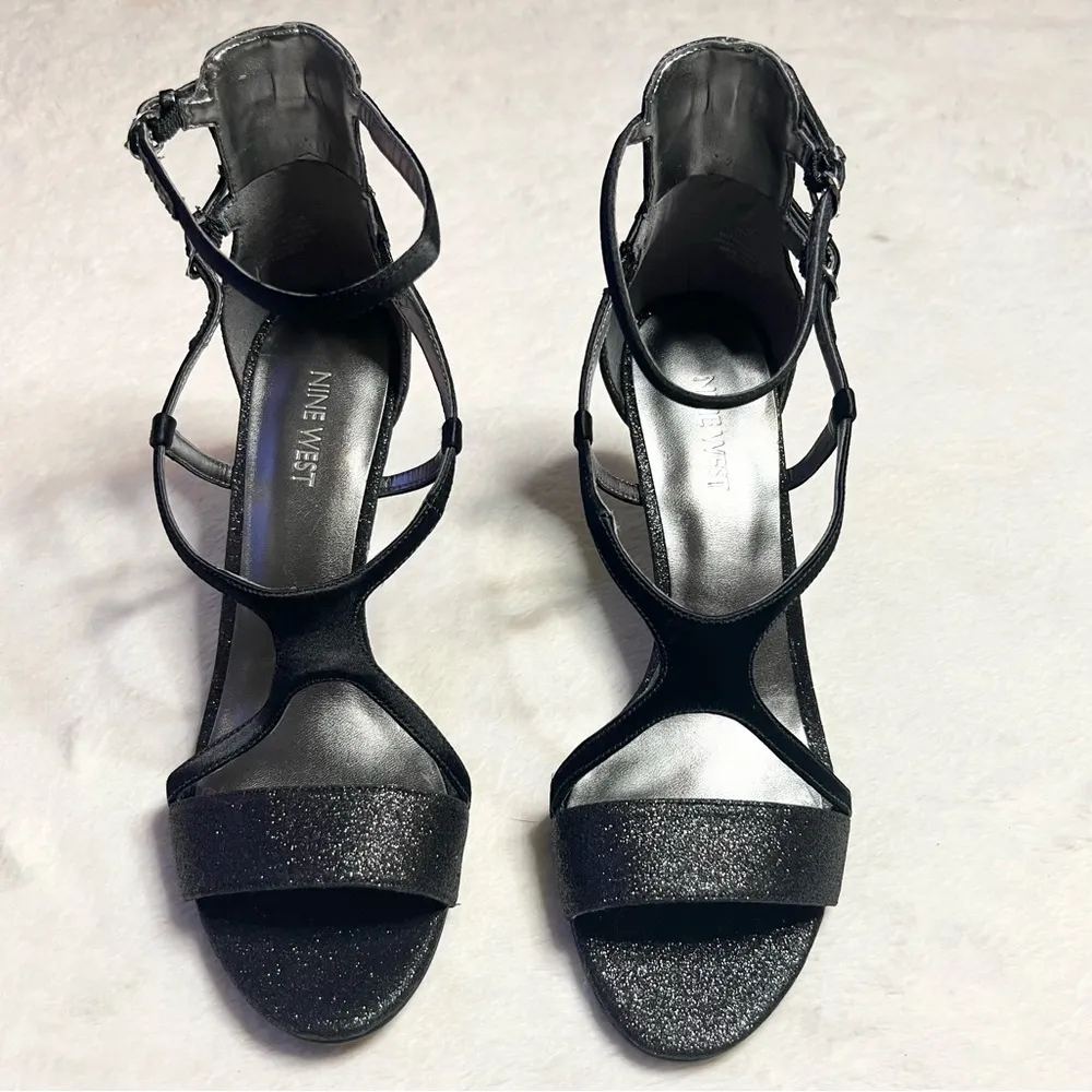 Nine West Black Glitter Strappy Ankle Strap Heels Size 8 - Image 2