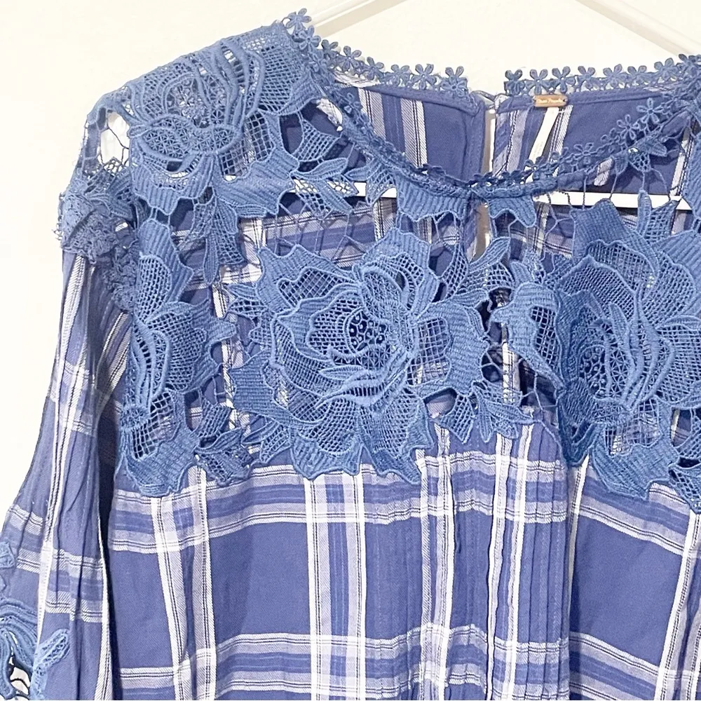 Free People Size Small Darling Diane Lace Top Blue White Flannel Plaid - Image 3