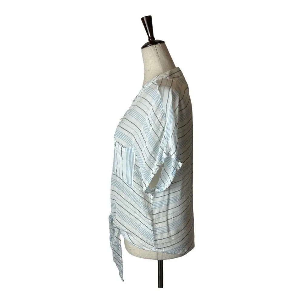 Olivaceous Blue White and‎ Gray Striped Tie Front Button Down Blouse M - Image 3