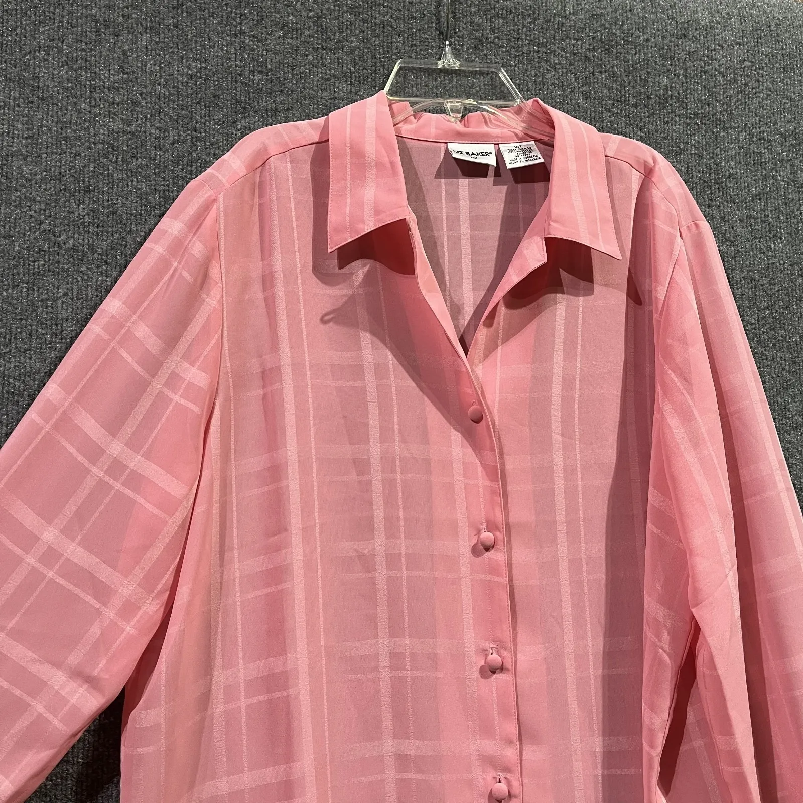 Vintage Liz Baker Shirt Womens 16 Pink Semi Sheer Windowpane Button Up Retro - Image 3