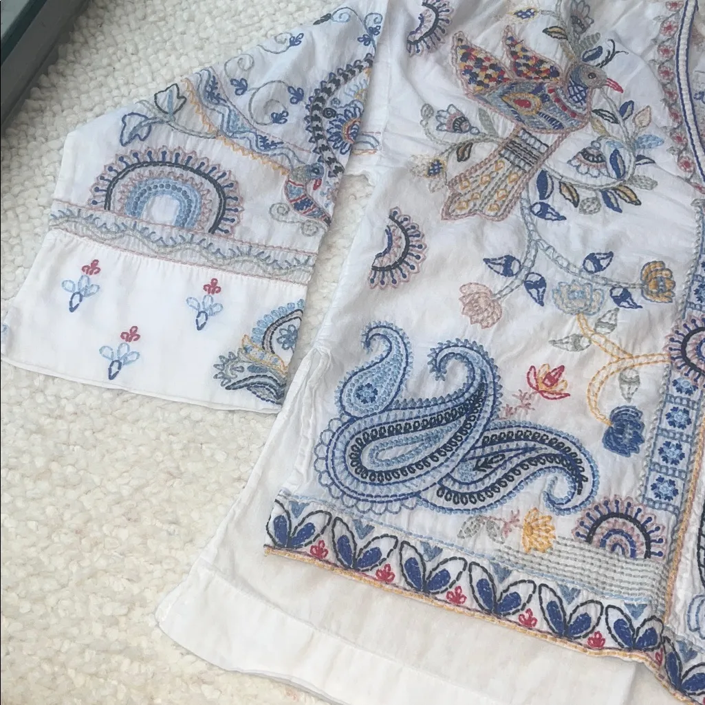 Zara Embroidered Floral Fish Turtle Bird V-Neck Blouse Oyster White Small - Image 7