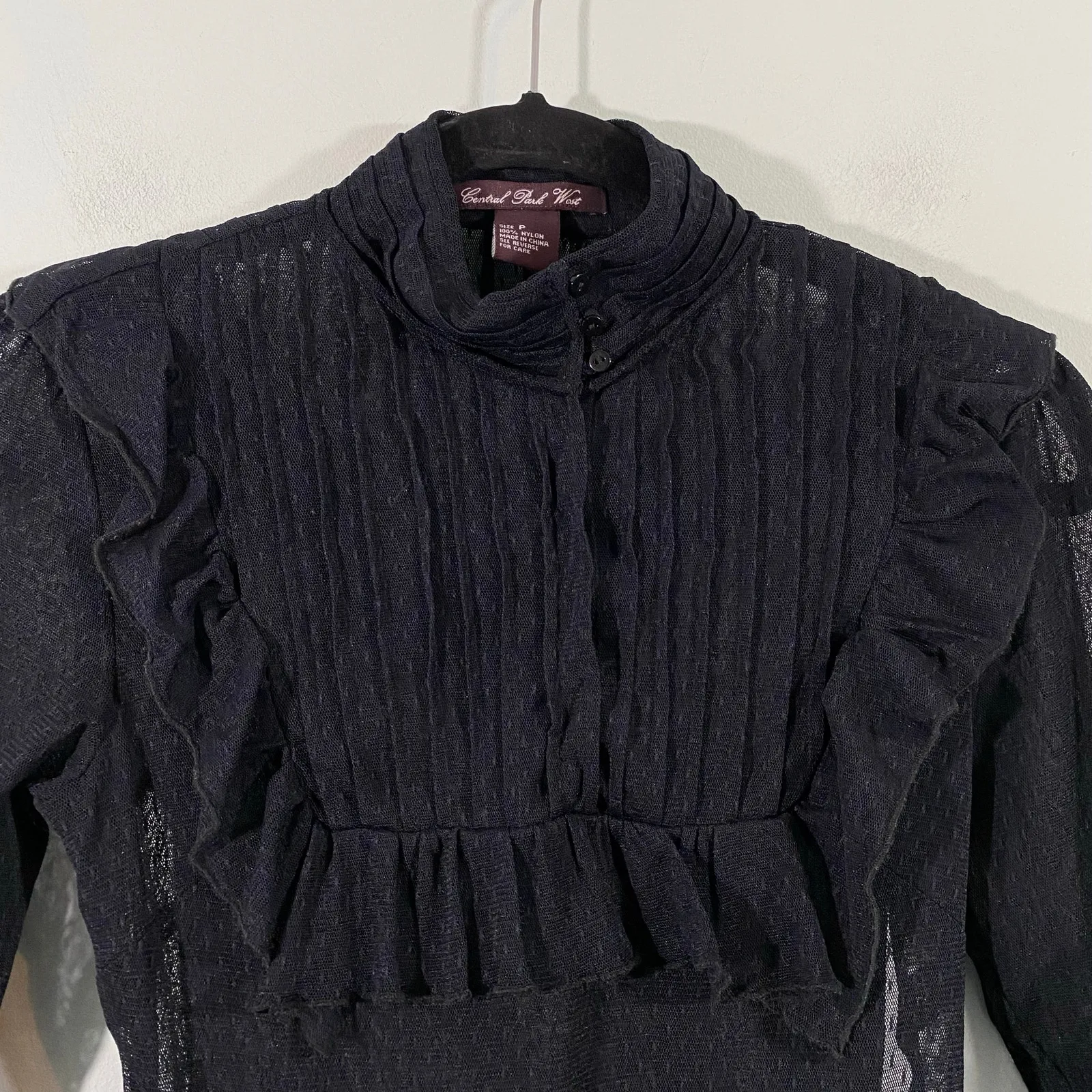Vintage 90s Central Park West Black Lace Sheer Organza Ruffles Q/S Blouse Size P - Image 3