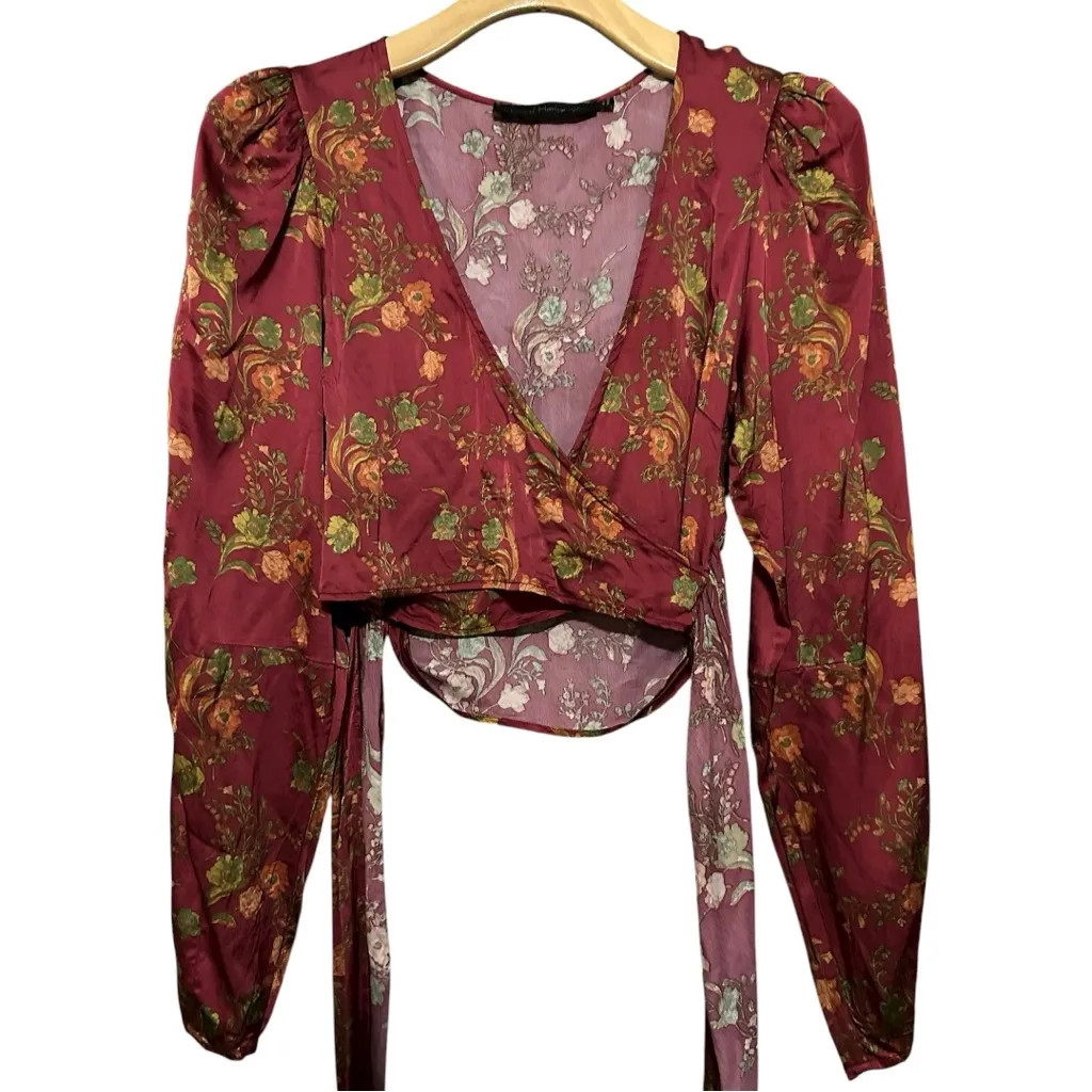 House of Harlow 1960 Women’s Size S Red Floral Multi Alaia Cropped Wrap Blouse - Image 3