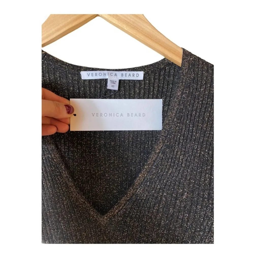 VERONICA BEARD Esmeralda Ribbed Sweater Black Metallic Peplum V-Neck Pullover XS - Image 8