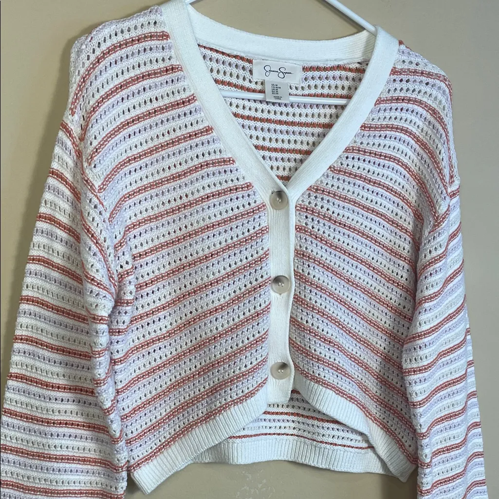 Jessica Simpson Women’s Crochet Knit Striped Cropped Button-Up Cardigan Sweater - Image 2