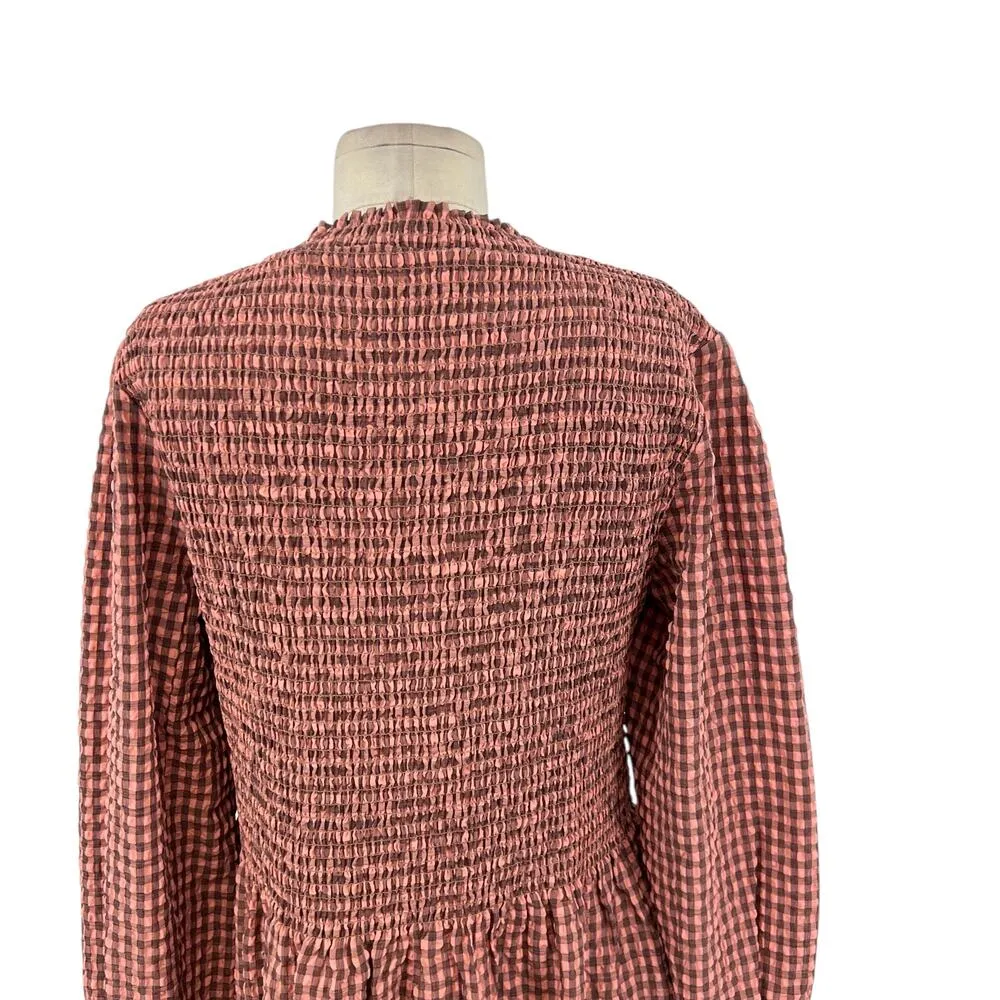 Scotch & Soda Smocked Seersucker‎ Plaid Midi Dress Coral Pink Size XL - Image 11