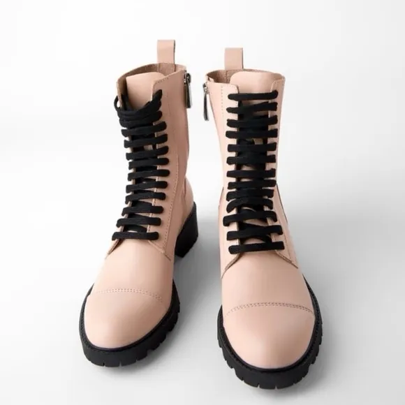 Zara Bloggers Favorite Light Pink Combat Leather Boots Size 6 / 36 EU - Image 2