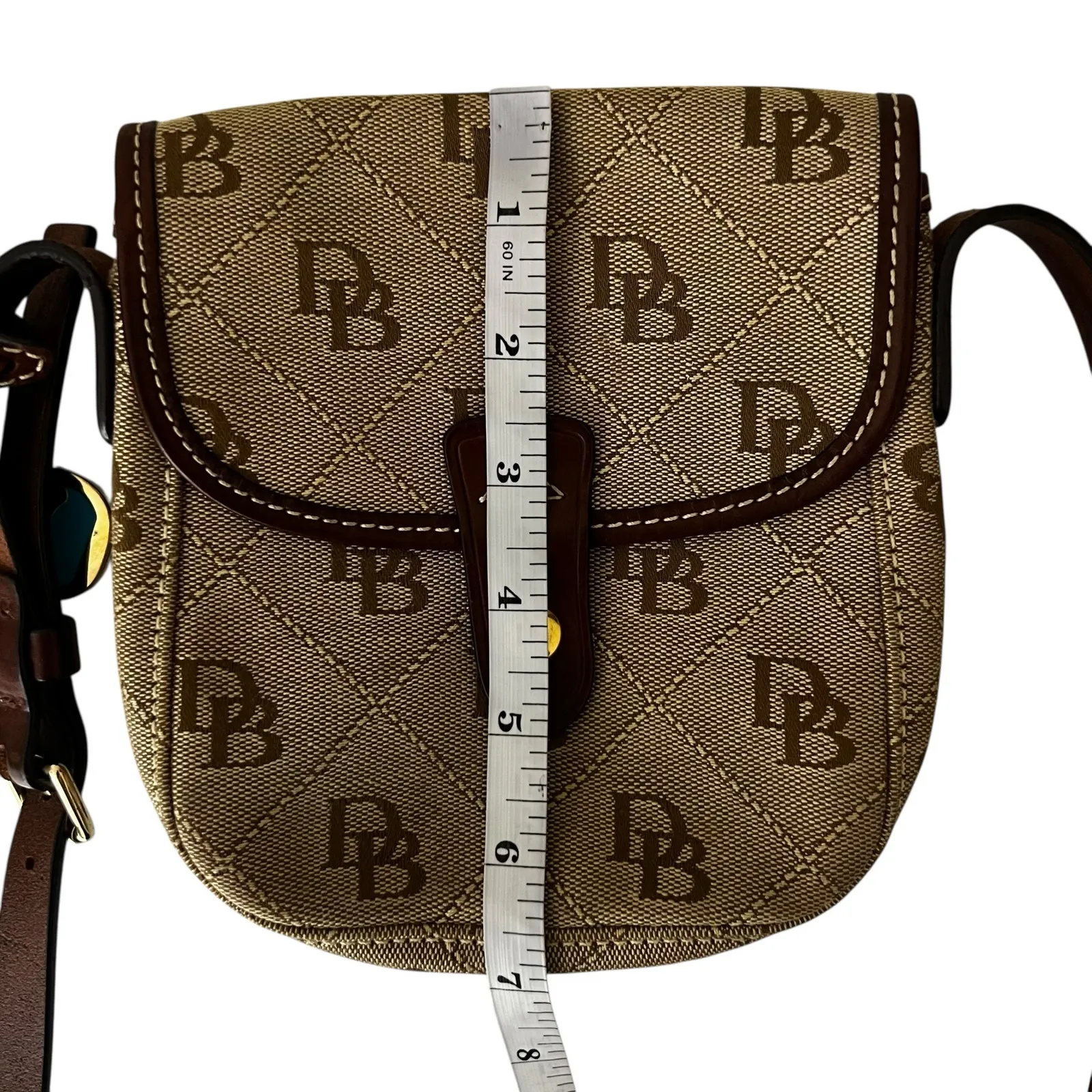 Vintage Dooney & Bourke Crossbody Bag Brown Monogram Logo Flap Canvas Leather - Image 8