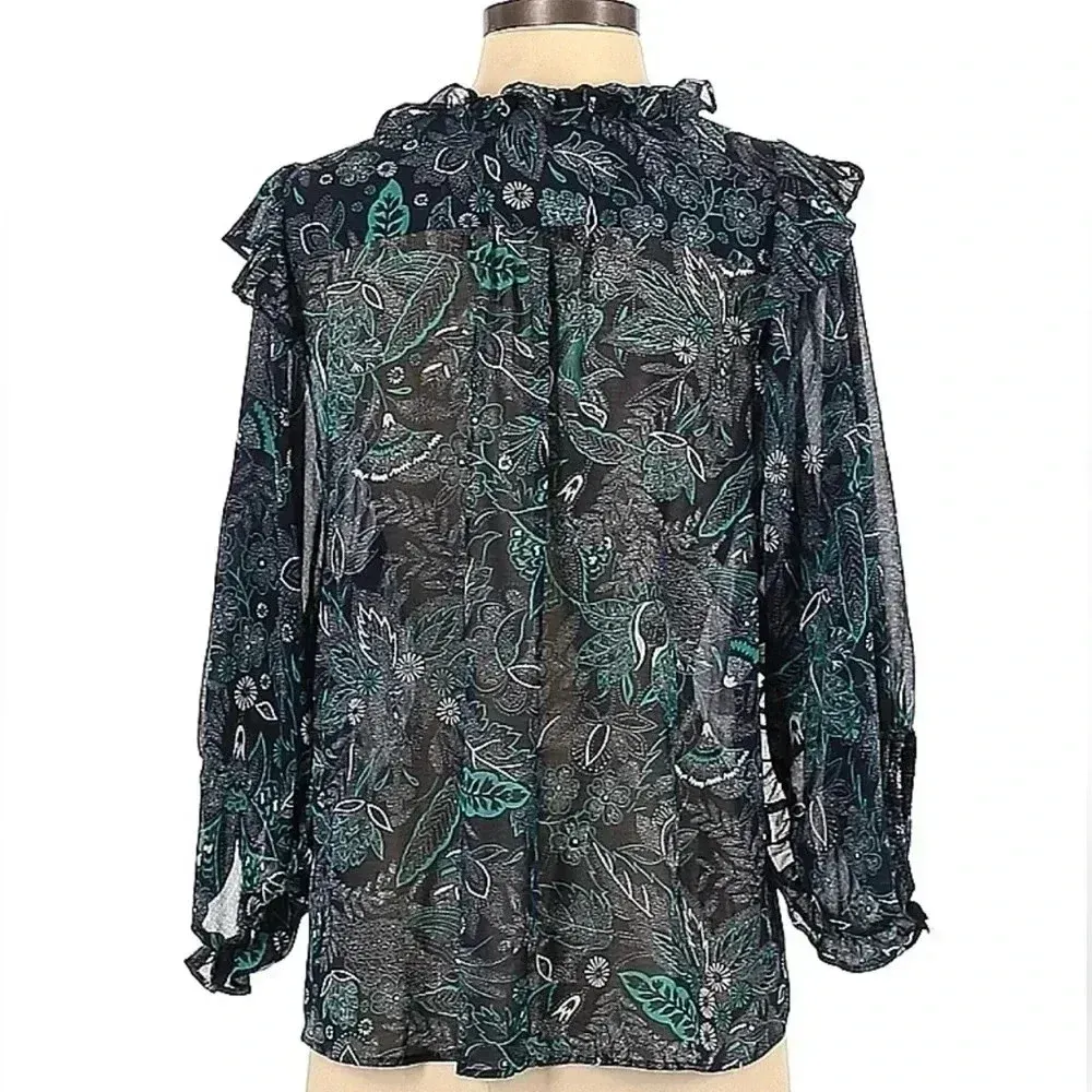 Anthropologie | Blue Green Teal Sheer Bohemian Long Sleeve Ruffle Blouse Size M - Image 14