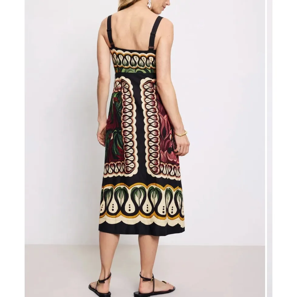 Farm Rio Black Tropical Midi Dress LARGE Faux Wrap Vacation Parrot Linen $280 - Image 3