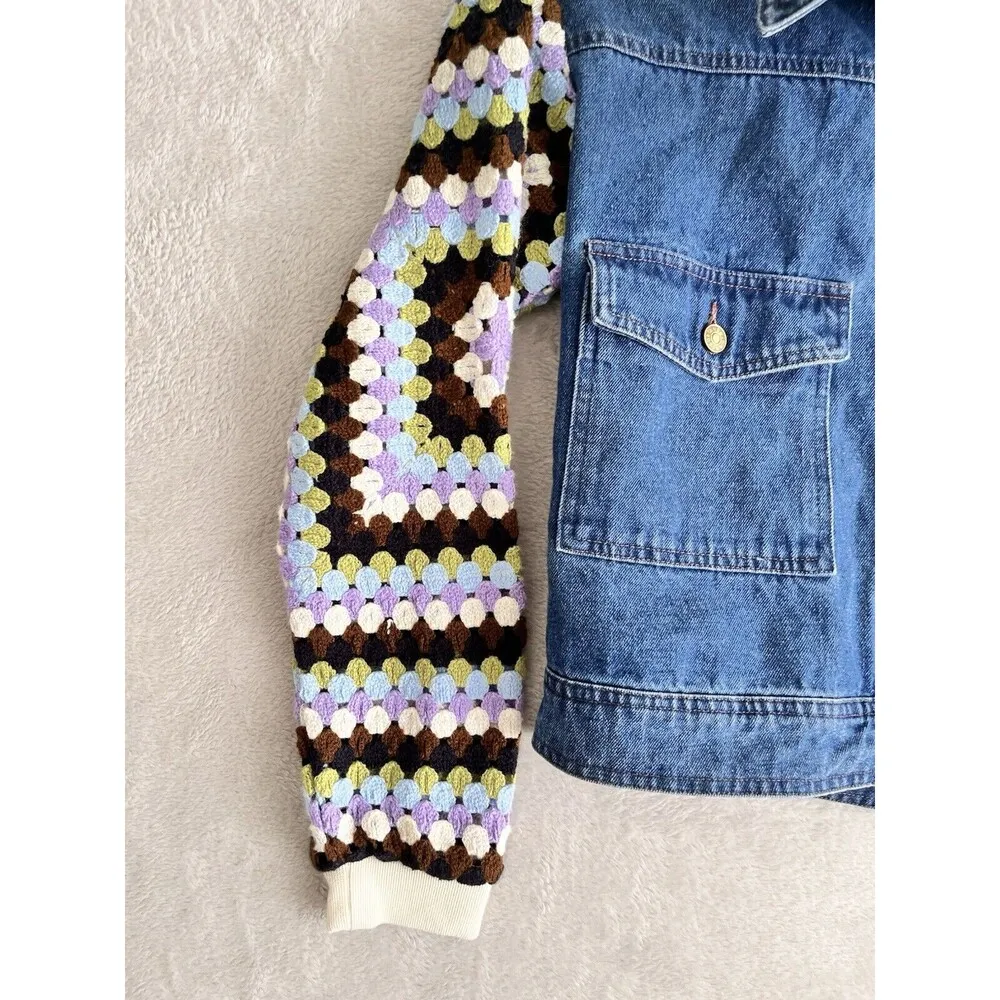 By Anthropologie Crochet Sleeve Denim Jacket Size Small Trucker 70's Boho Funky - Image 2