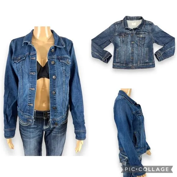 Old Navy Womens Blue Jean Jacket Stretch Dark Wash Denim Button Closure Medium - Image 2