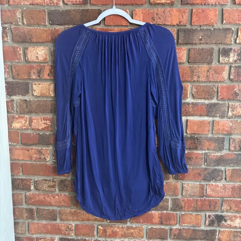 Lucky Brand womens lace scoop neck tassels bishop sleeve peasant top blue S - Image 3