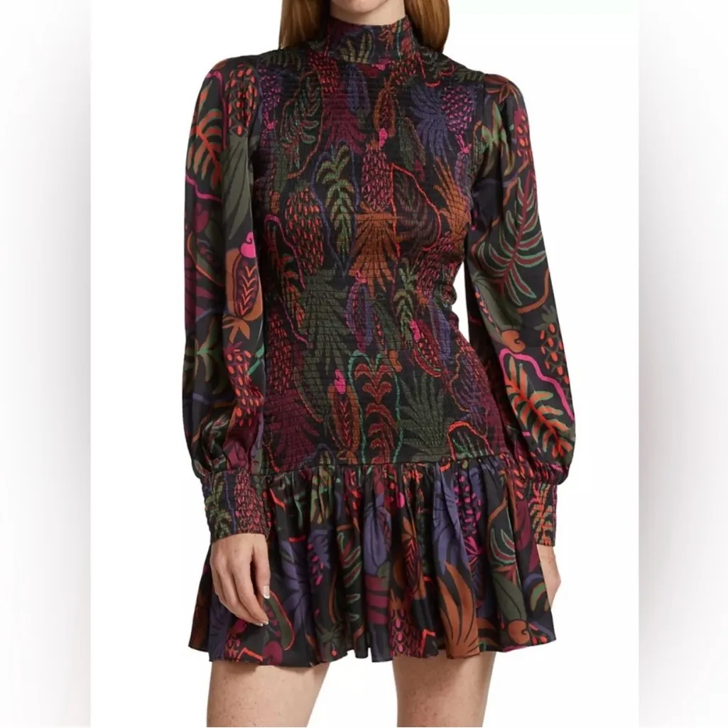 FARM Rio Frutis Dress Smocked Long Blouson Sleeve Drop Waist Multi Color Size XS - Image 12