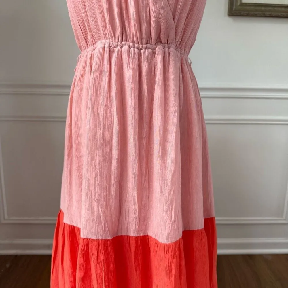 Aura Women's Sleeveless Colorblock Crinkle Maxi Dress Salmon Orange Fuchsia $160 - Image 4