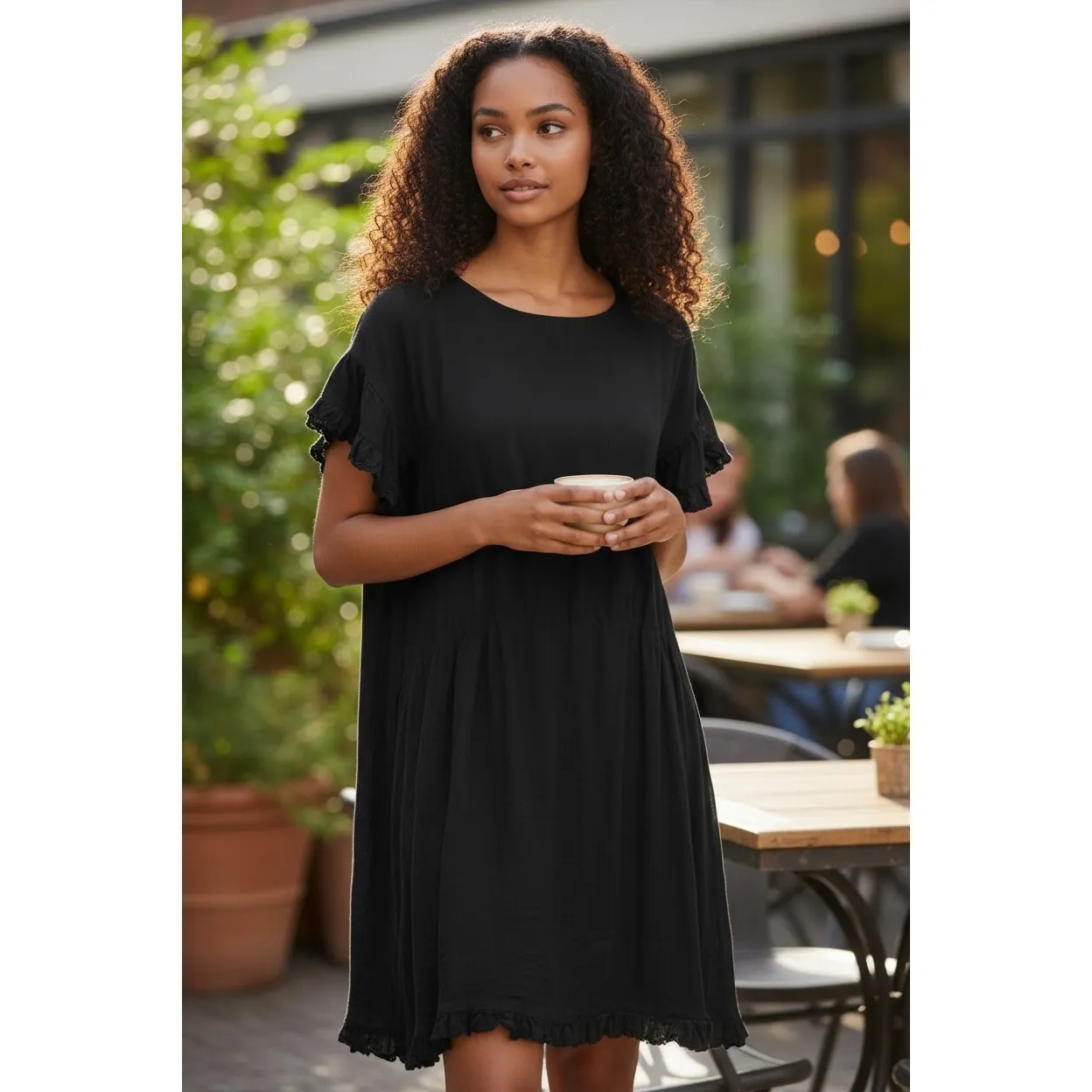 UMGEE Black Ruffle Sleeve Tiered Babydoll Dress Casual Boho Midi Women's - Image 2