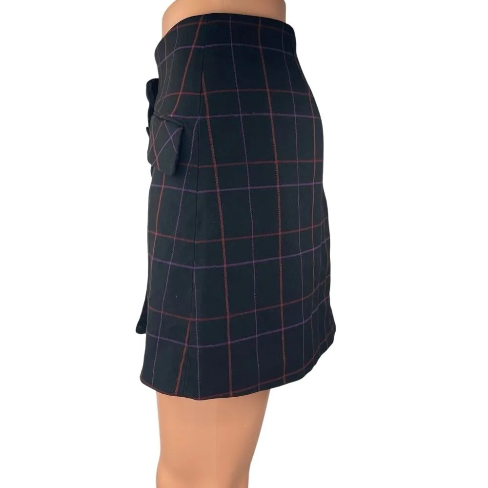 Trina Turk Black Multicolor Plaid Checkered Tartan Button Wrap Mini Skirt Size 6 - Image 2