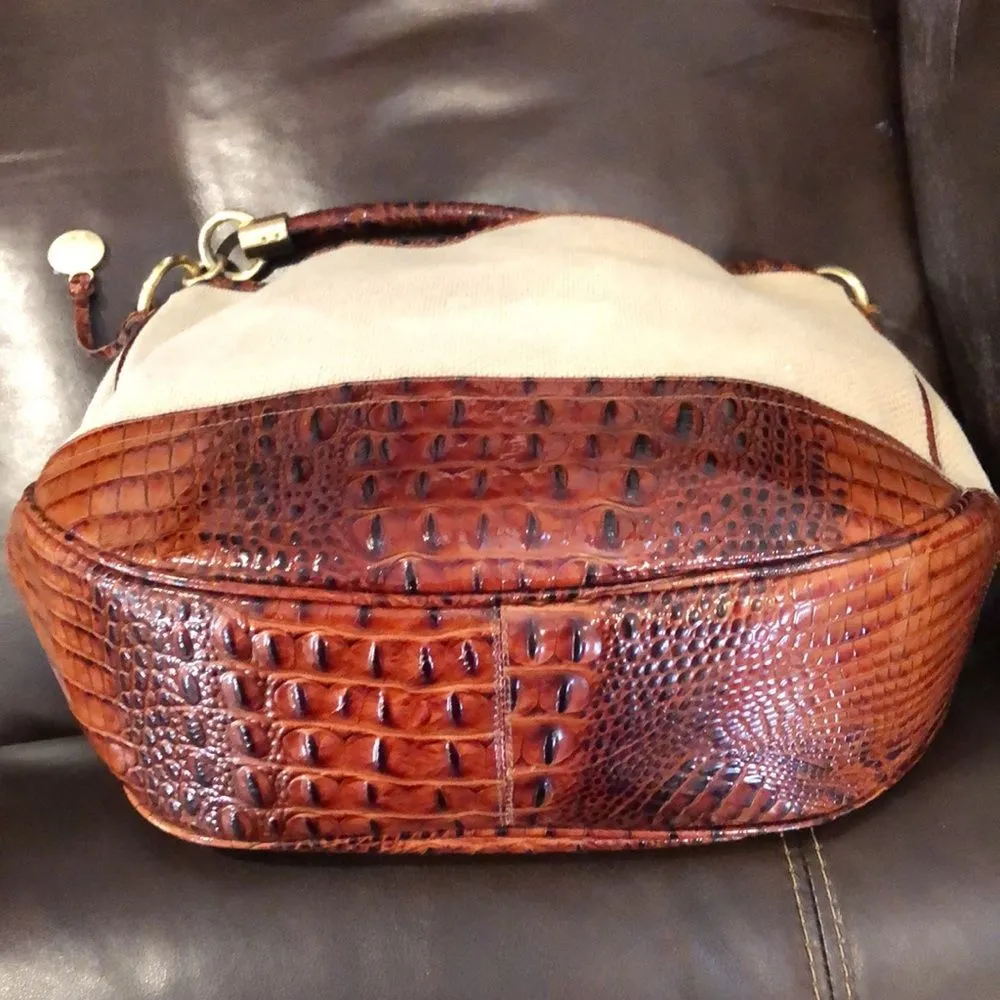 BRAHMIN Canvas and Warm Brown Crocodile Leather Shoulder Bag with Medallion - Image 9