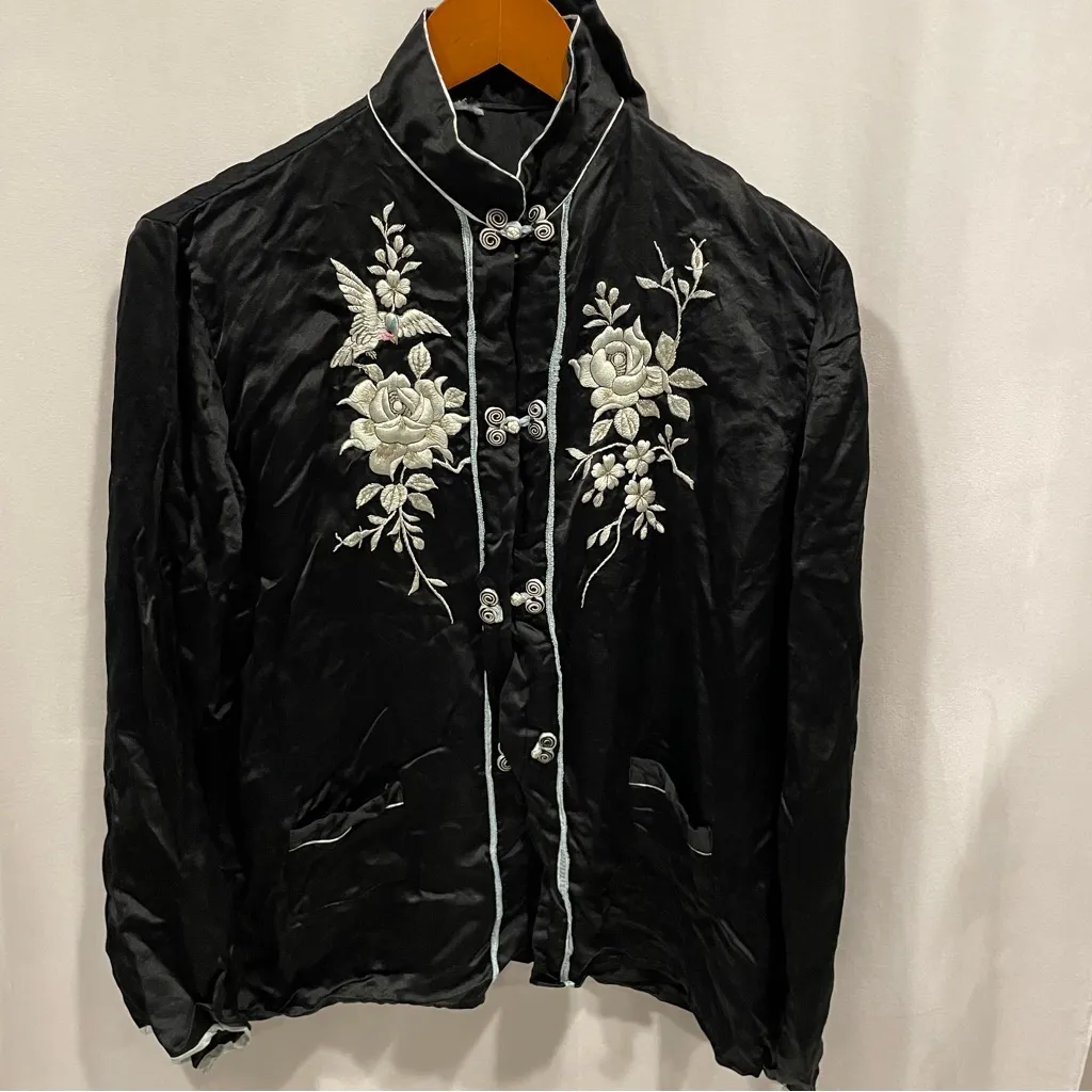 Vintage 40’s? Black silk embroidered pajamas top and pants wide leg pull on - Image 15