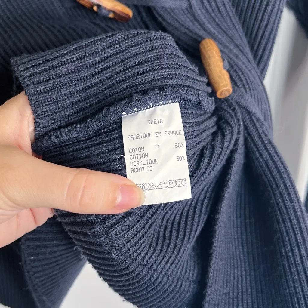 Tara Jarmon • Hooded Toggle Sweater navy blue ribbed cotton boxy chunky knit Size M - Image 6