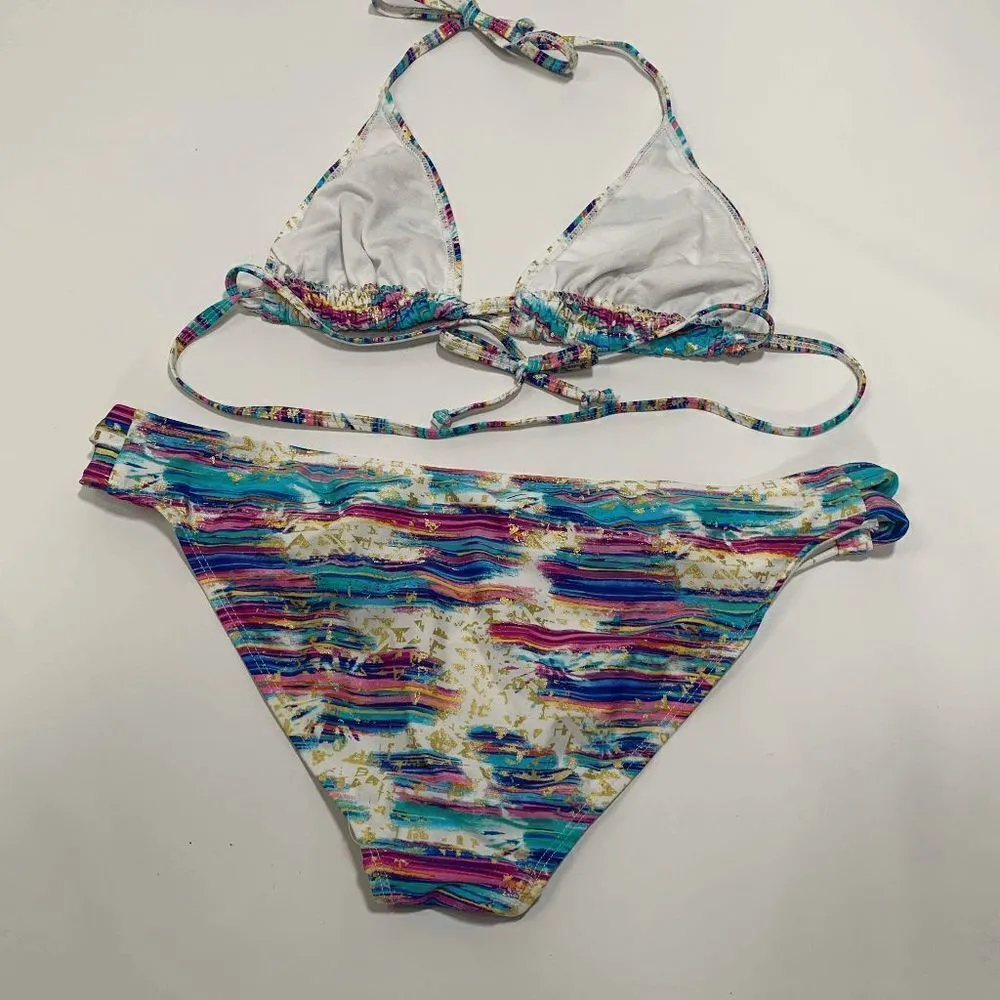 Women's Striped Two Piece Triangle Split Neck Swimsuit Multi - Image 4