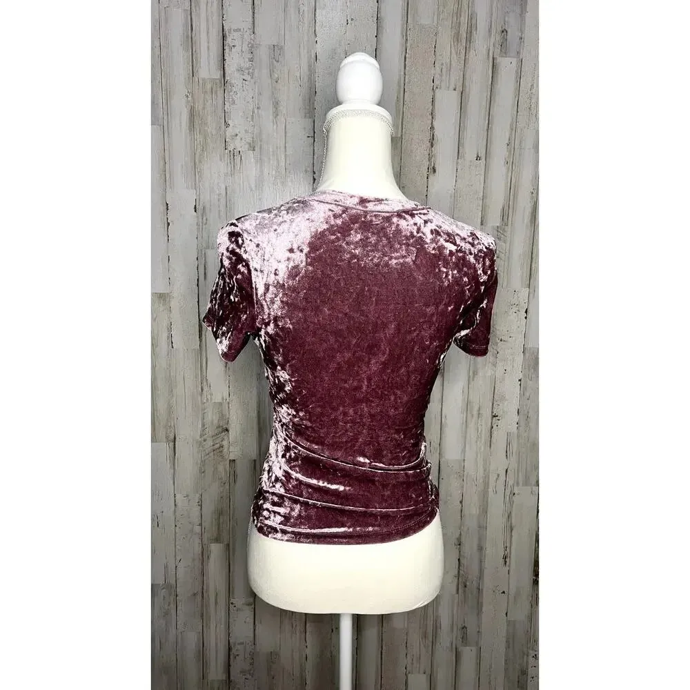 Free People Women's Size Small Pink‎ Velvet Short Sleeve Baby Tee Top Casual - Image 4
