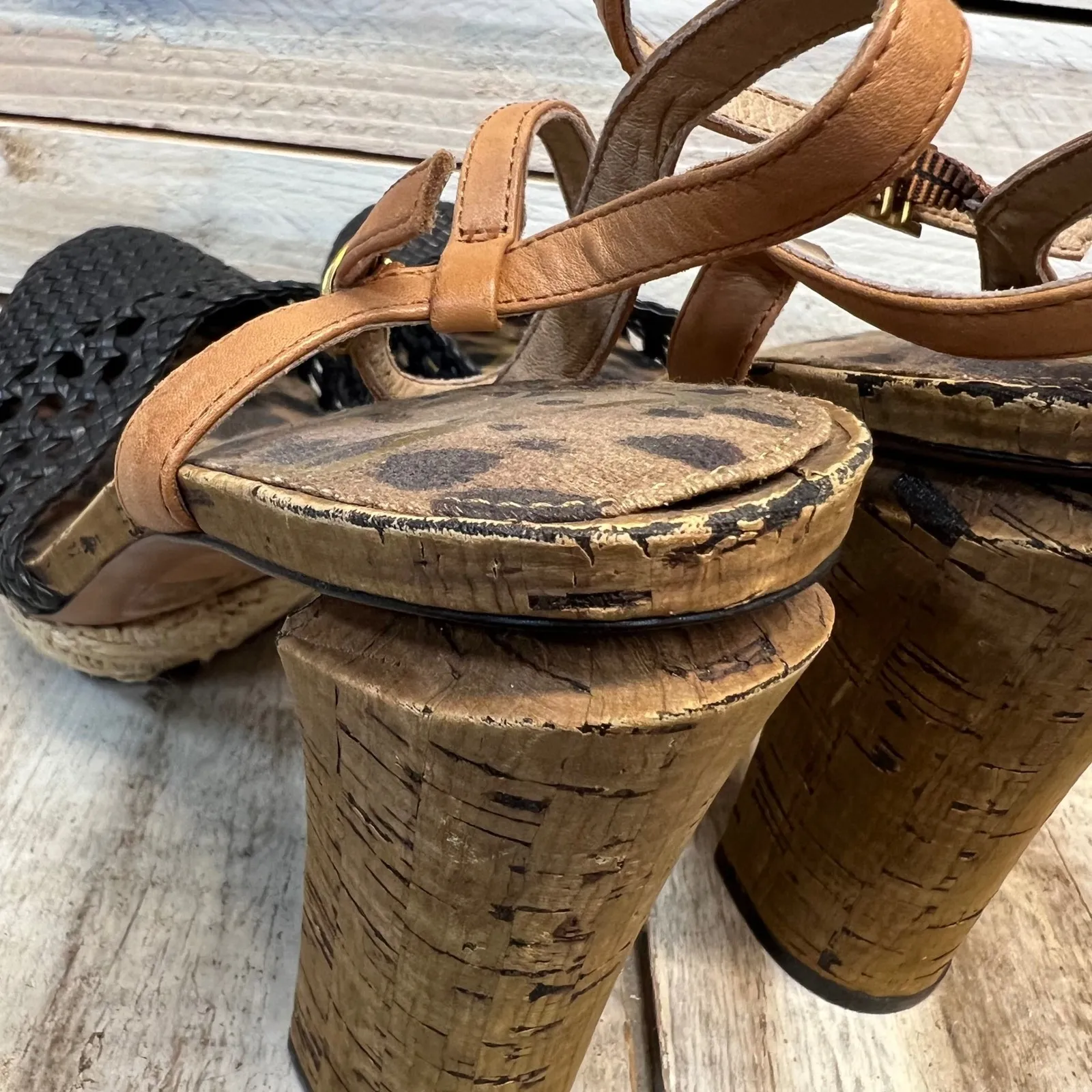 Sam Edelman Rella Black Leather Woven Cork Block Heel Espadrille Sandals 9M - Image 7