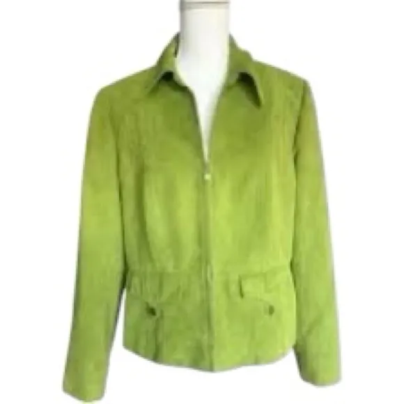 Tribal Lime Green Faux Suede Moto Jacket Women’s Size 6 Zip Front Silver Trim - Image 2